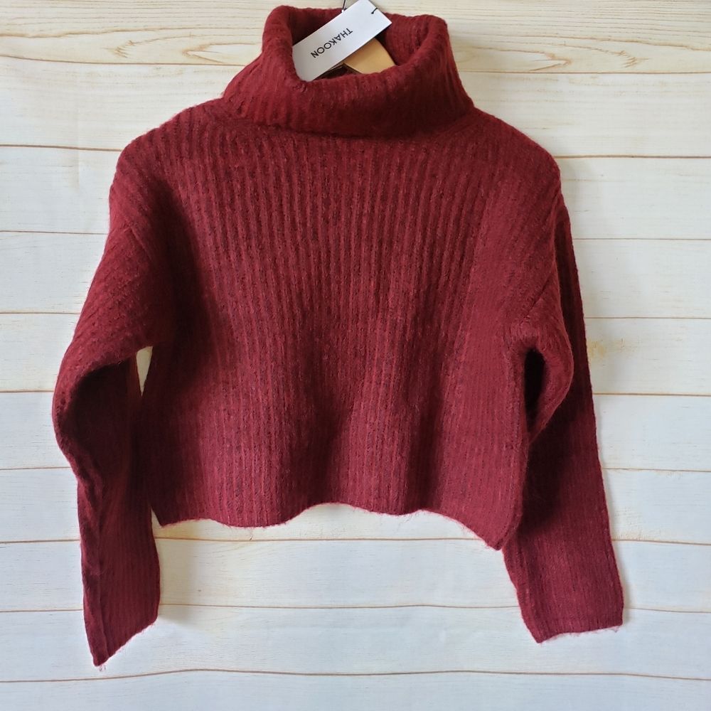 Thakoon Cropped Ribbed Turtleneck Knitted Sweater Burgundy Size Small